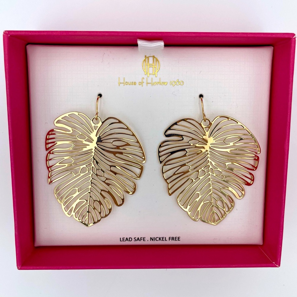 House of Harlow Gold Tone Leaf Earrings New in Box